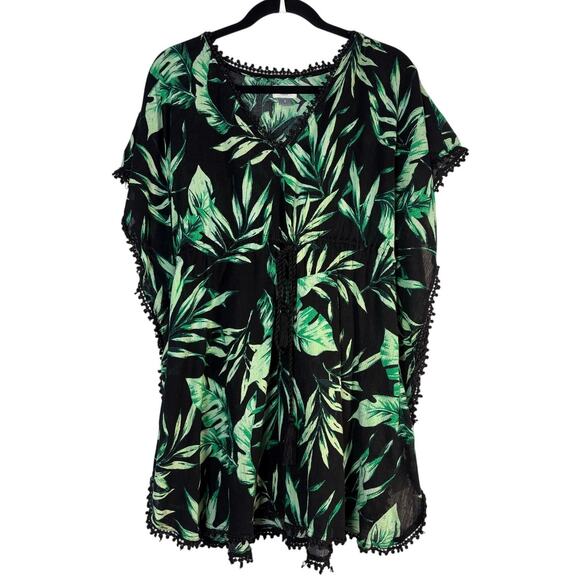 Old Navy Other - Old Navy Tropical Palm Green Leaf V-Neck Kaftan Swim Cover Up Dress Pom Pom L